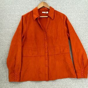 Cato Blouse Womens Large Orange Faux Suede V Neck Button Up Long Sleeve Fitted